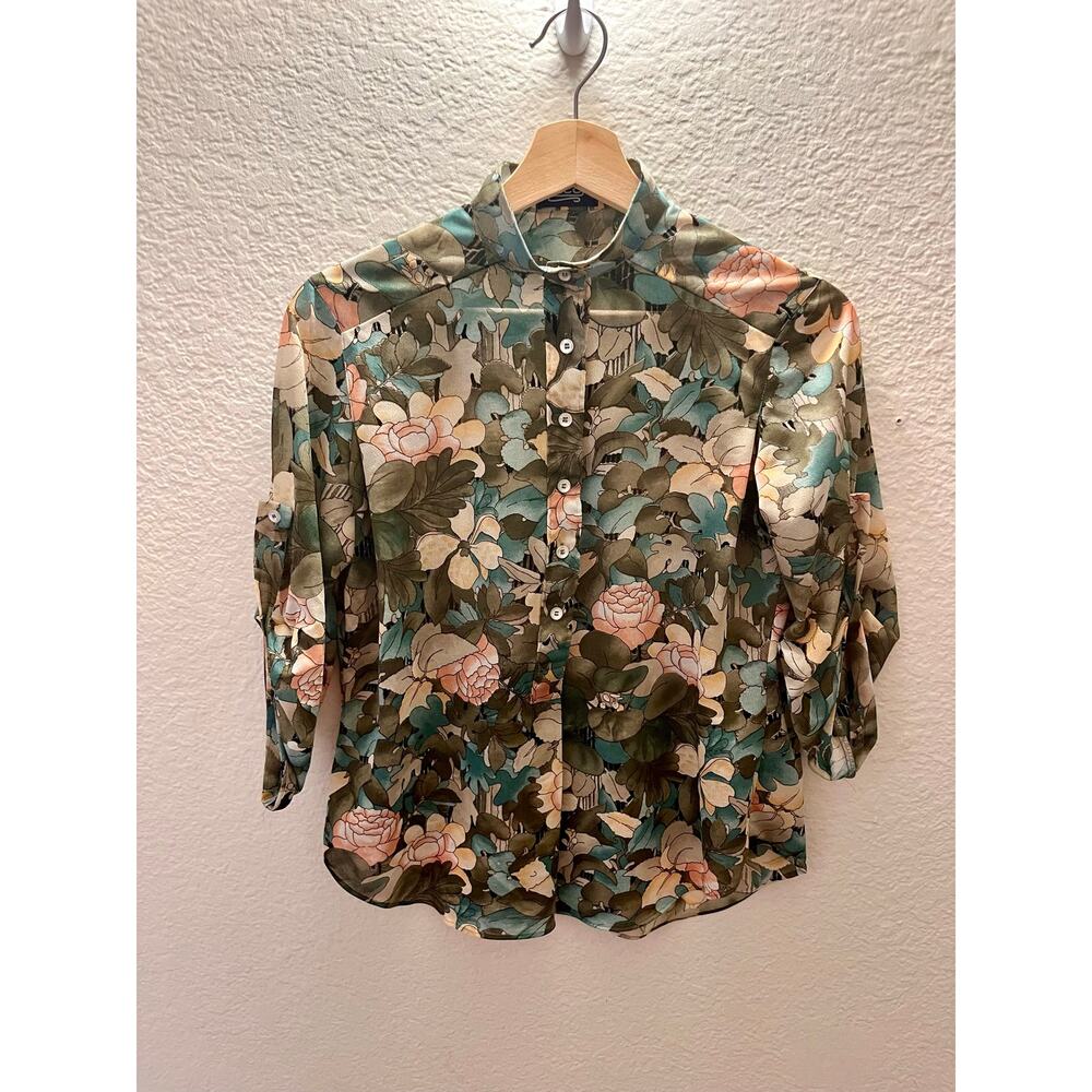 Vintage 70s Pucci Floral Blouse 9/10 Roll Tab Sleeve Boho Secretary Shirt Boho - Picture 5 of 11